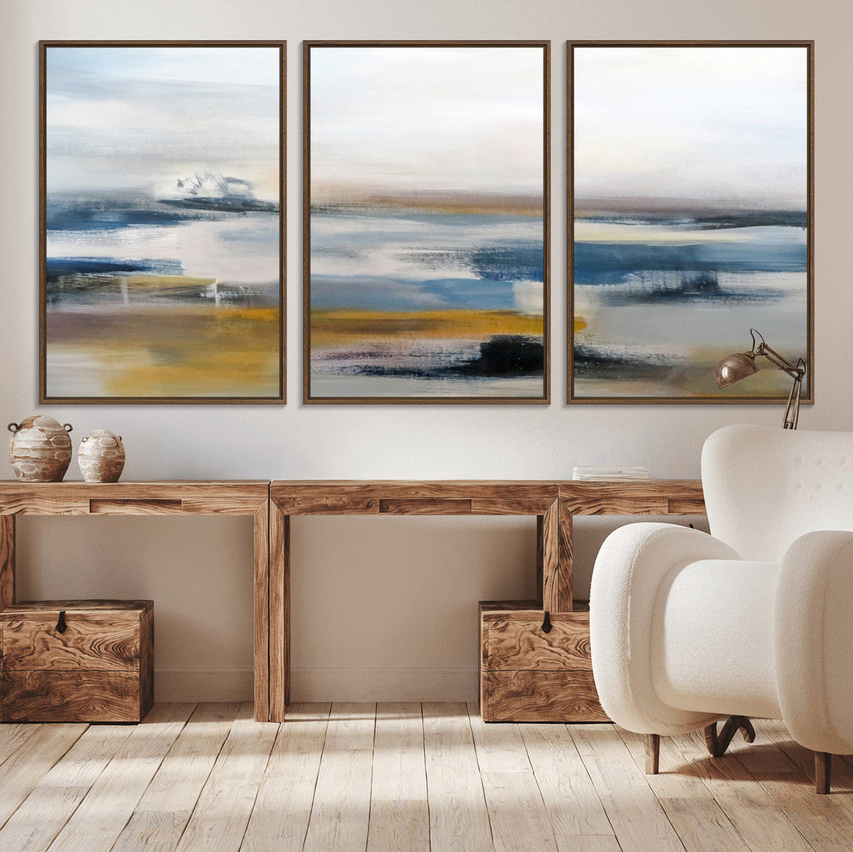 Abstract Landscape Wall Art Canvas | 3 Panel Modern Blue, Gold and White Canvas Art