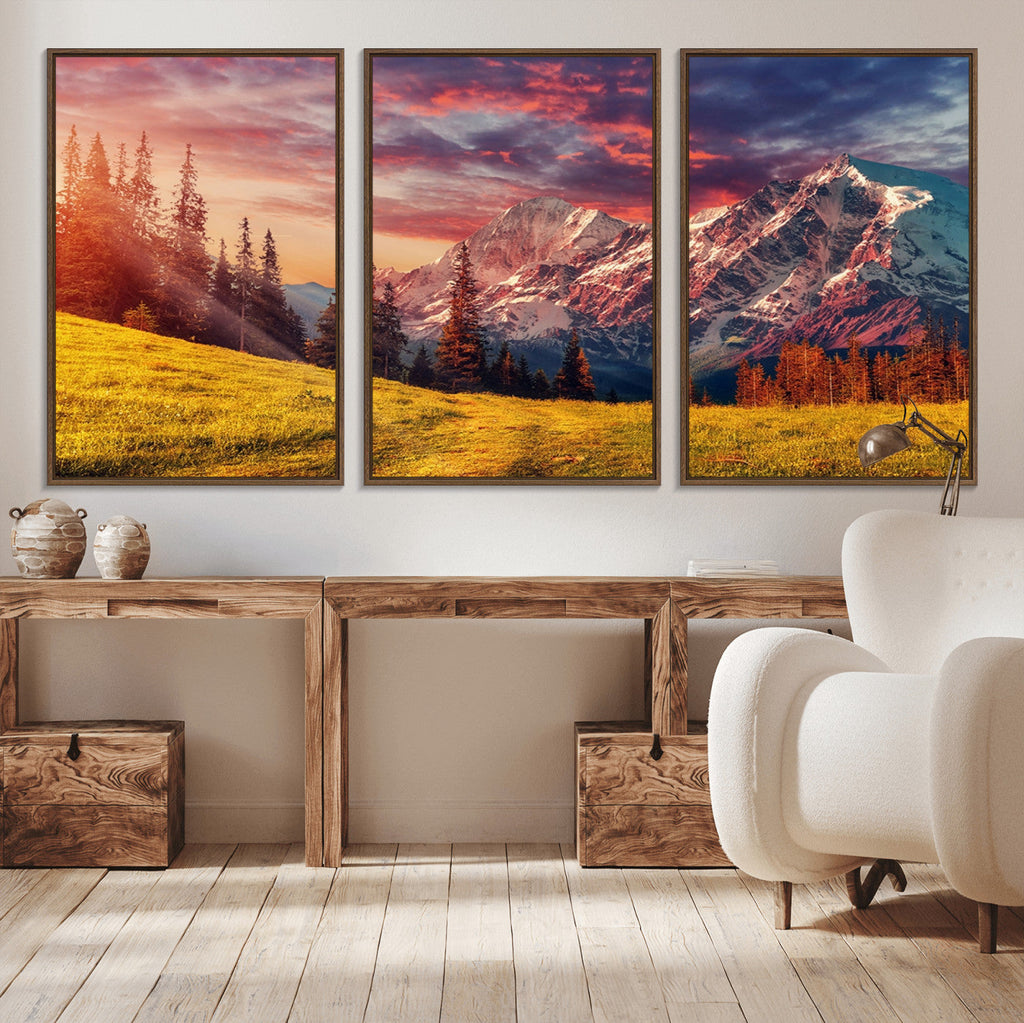 Mountain and Daylight Red Sunset Wall Art Canvas Print
