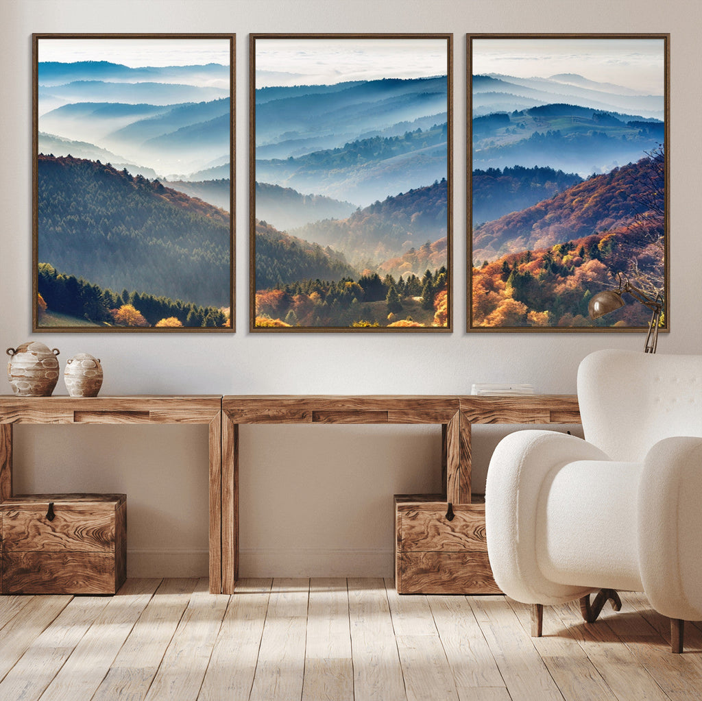 Misty Mountain Sunrise Triptych Canvas Print | Autumn Landscape Wall Art