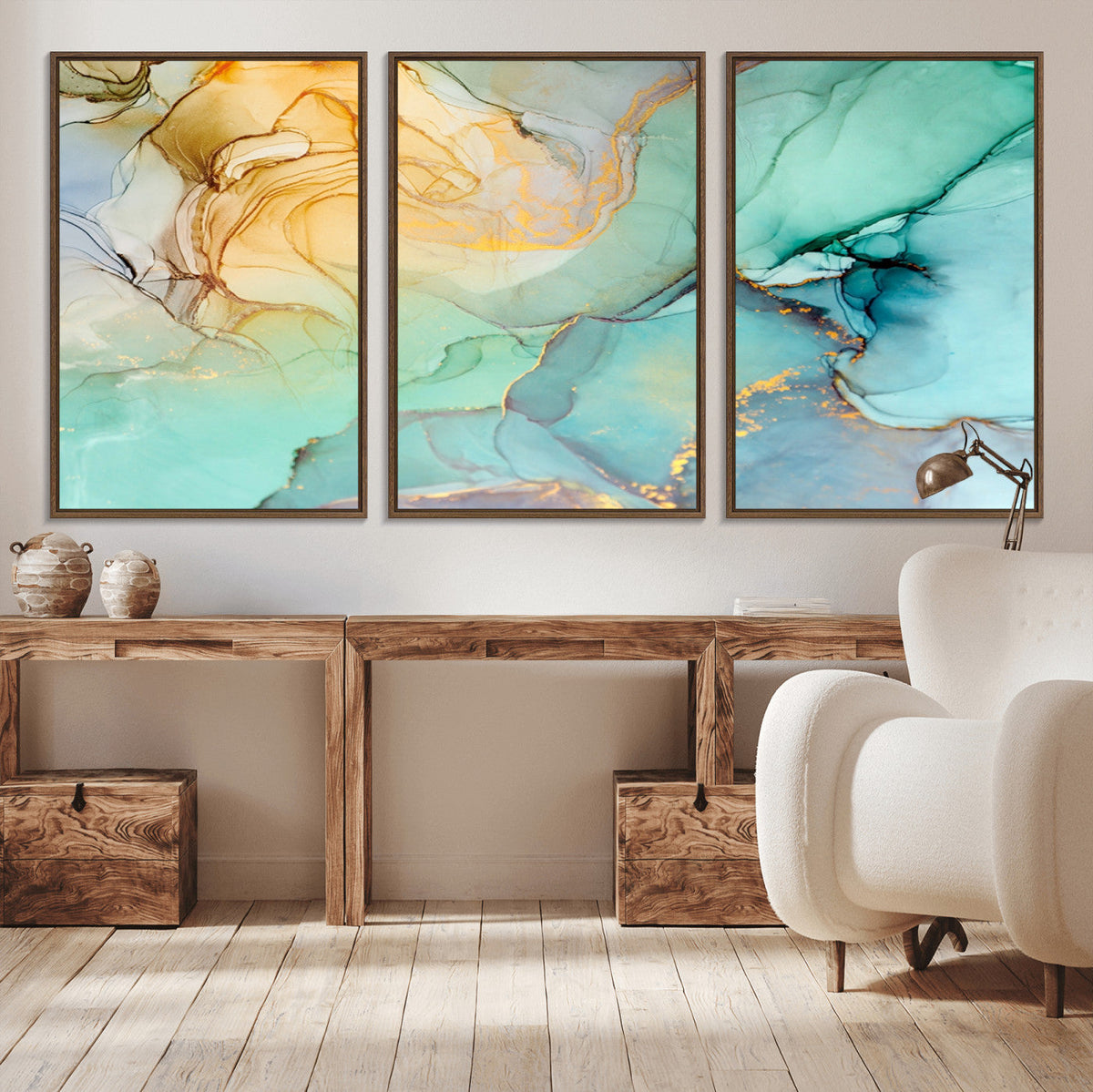 Abstract Aqua and Gold Fluid Wall Art Canvas | 3 Panel Large Canvas Print