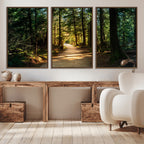 Sunlit Forest Pathway Canvas Print | 3 Panel Large Nature Wall Art