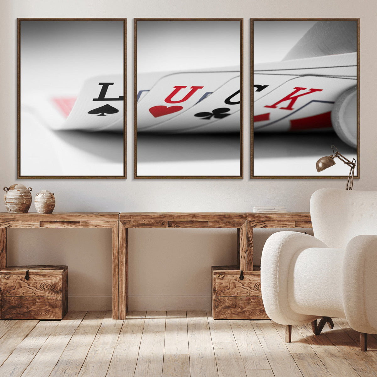 Framed Lucky Poker Cards Canvas | Modern Triptych Wall Art for Game Rooms