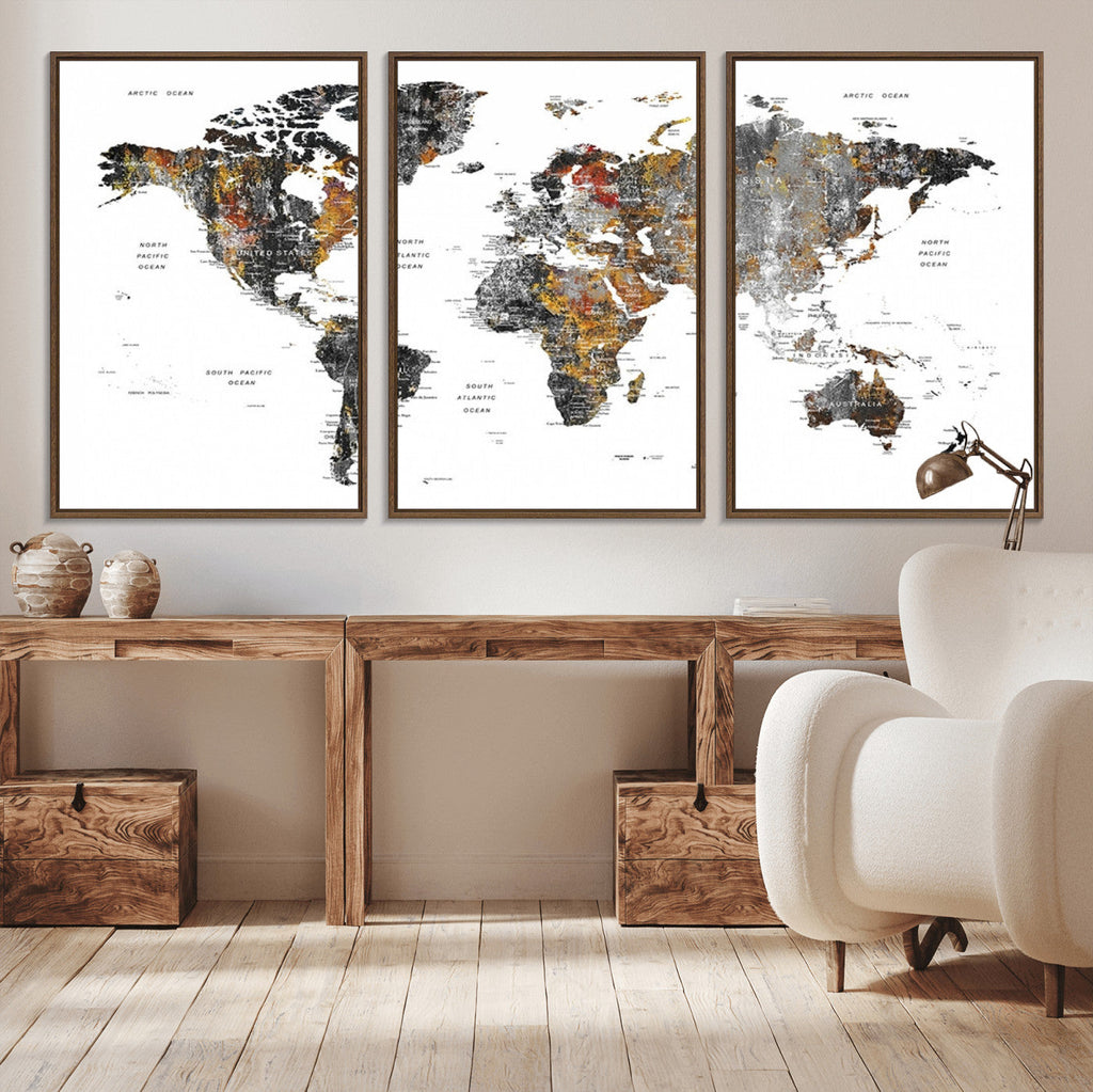 Modern Metallic World Map Canvas Wall Art | Framed Contemporary World Map Print