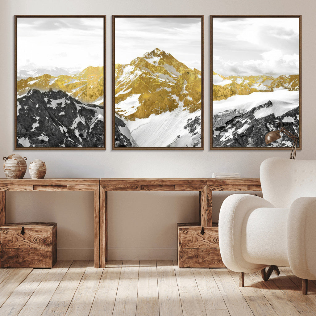 Gold Abstract Mountains Wall Art Print on Canvas, Nature Wall Art Print