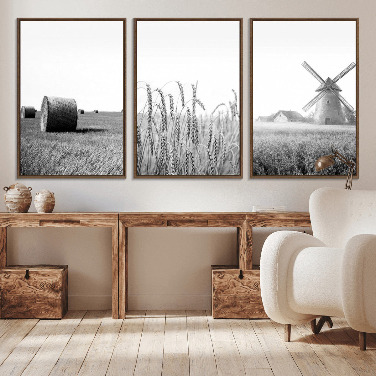 Vintage Farmhouse Black and White Triptych Wall Art, Giclee Canvas with Wheat Fields, Hay Bales and Windmill