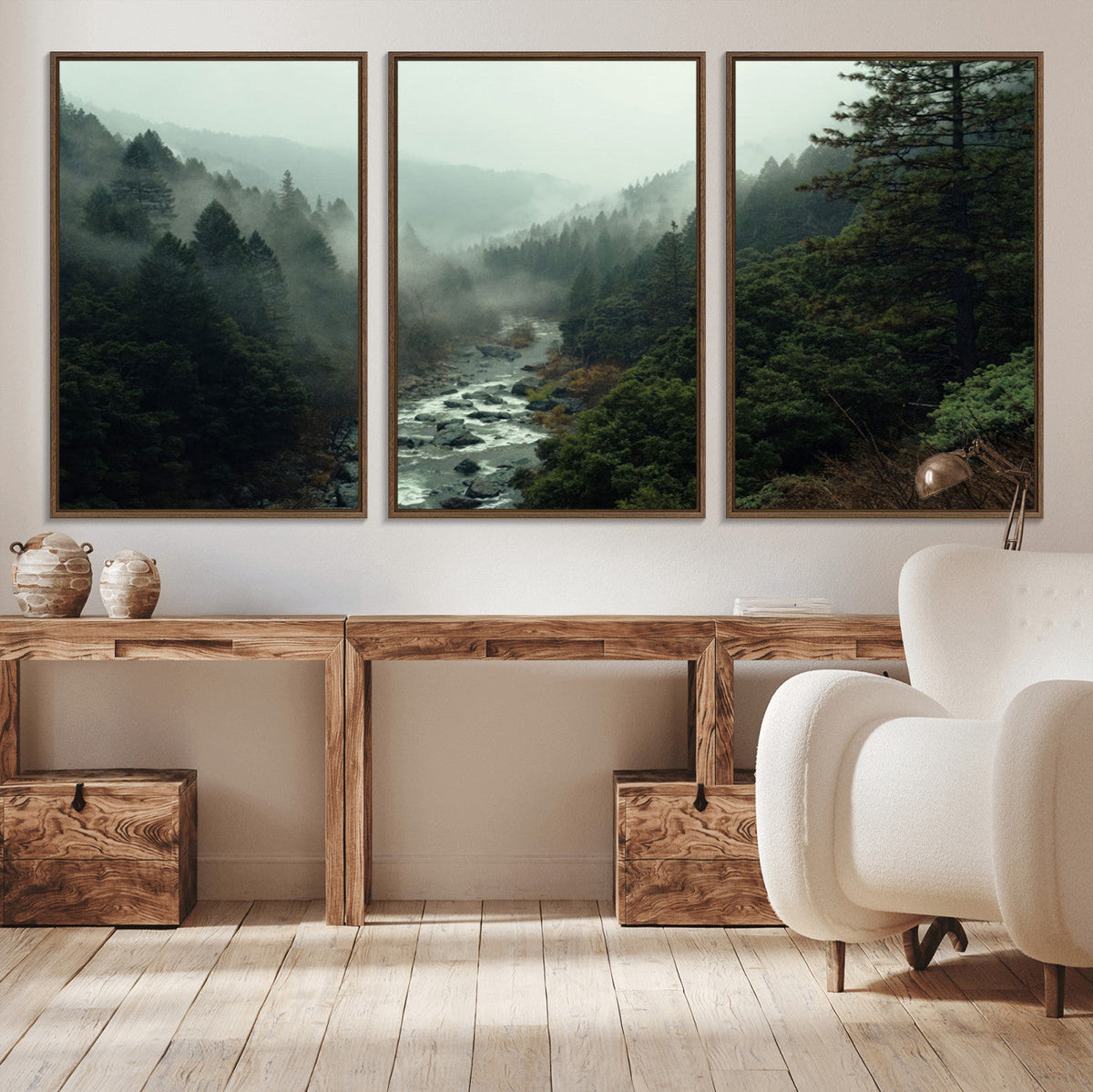 Misty Forest Wall Art, Tranquil Nature Landscape, Ready to Hang | Extra Large 3 Piece Canvas Wall Art