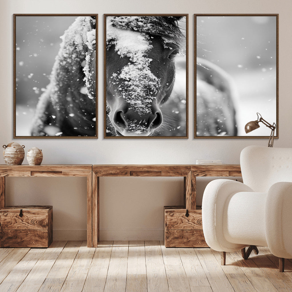 Black and White Horse Winter Wall Art, Ready to Hang