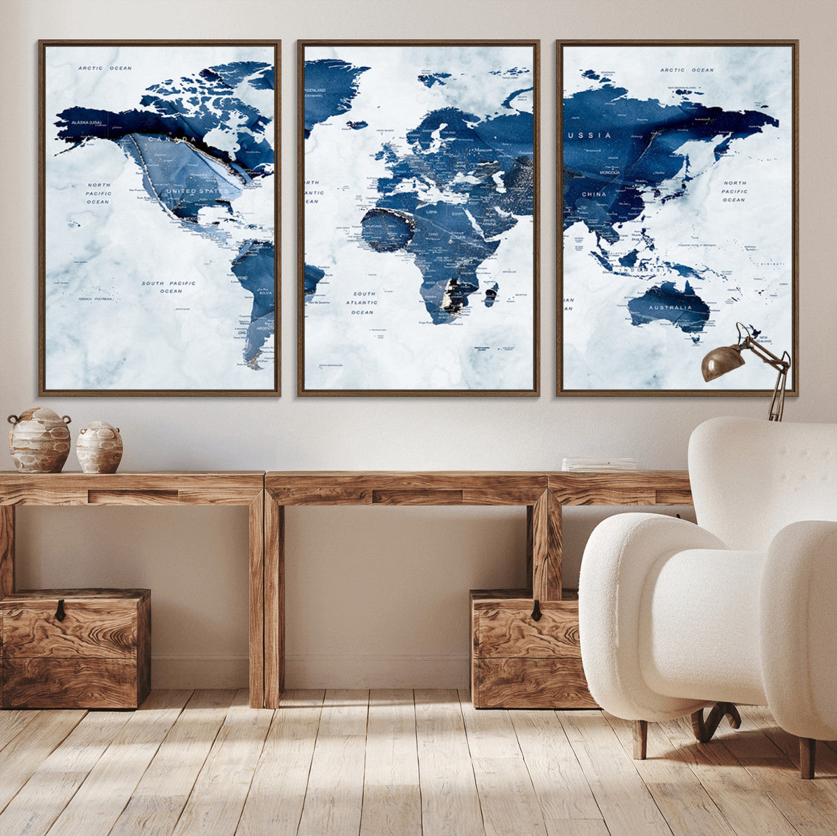Modern Blue World Map Canvas Print | Elegant Travel Map Wall Art for Home Office