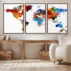 Colorful World Map Canvas Wall Art Print, Contemporary Global Map Artwork