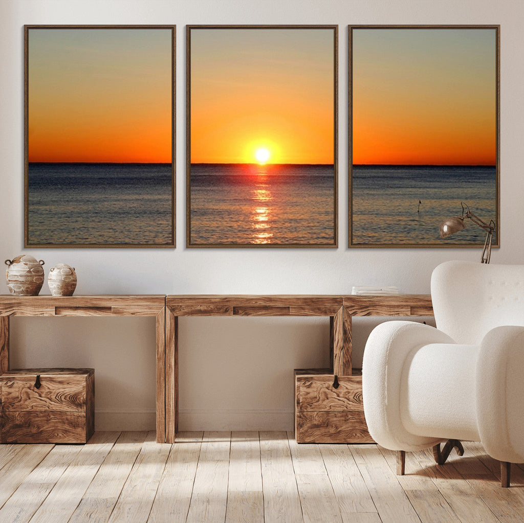 Golden Horizon Sunset Over Ocean Wall Art Canvas Print | Tropical Beach Canvas