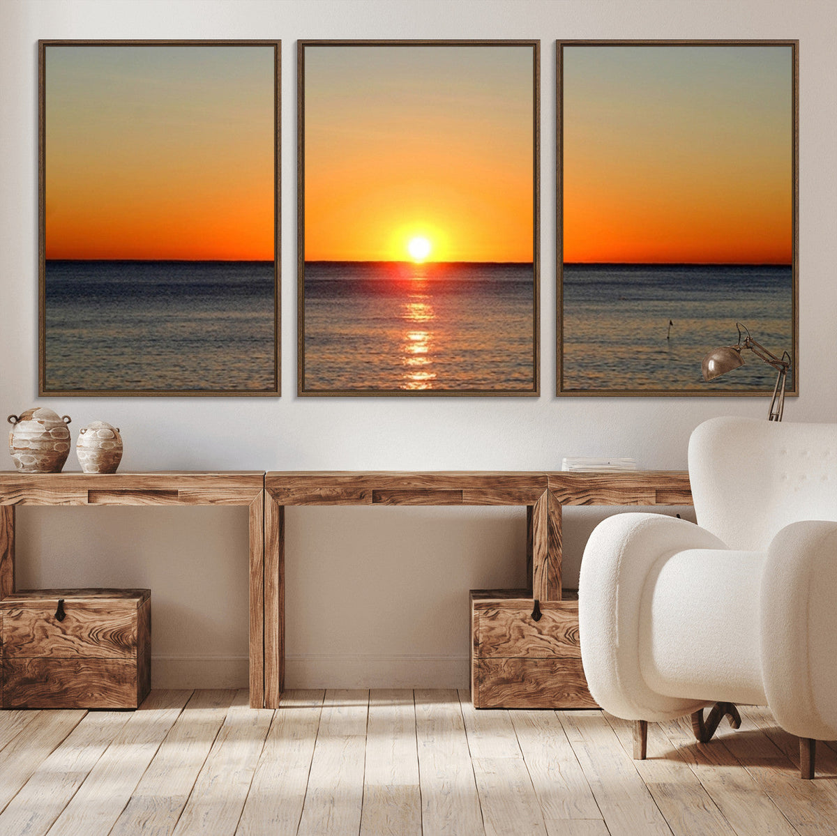 Golden Horizon Sunset Over Ocean Wall Art Canvas Print | Tropical Beach Canvas