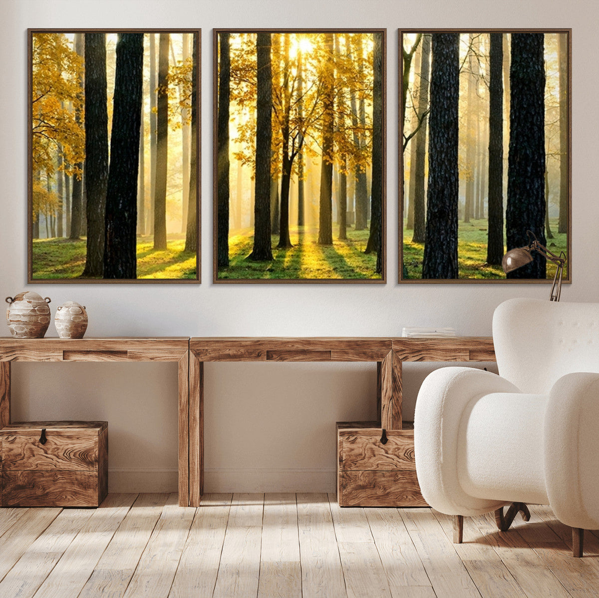 Sunlit Forest Wall Art Canvas Print, Large Framed Woodland Scene with Golden Light