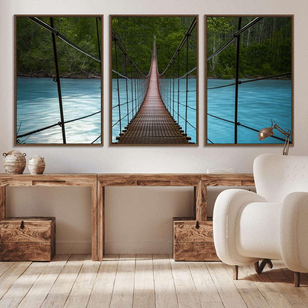 Suspension Bridge Over River Canvas Art | 3-Panel Nature Wall Art