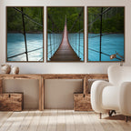 Suspension Bridge Over River Canvas Art | 3-Panel Nature Wall Art
