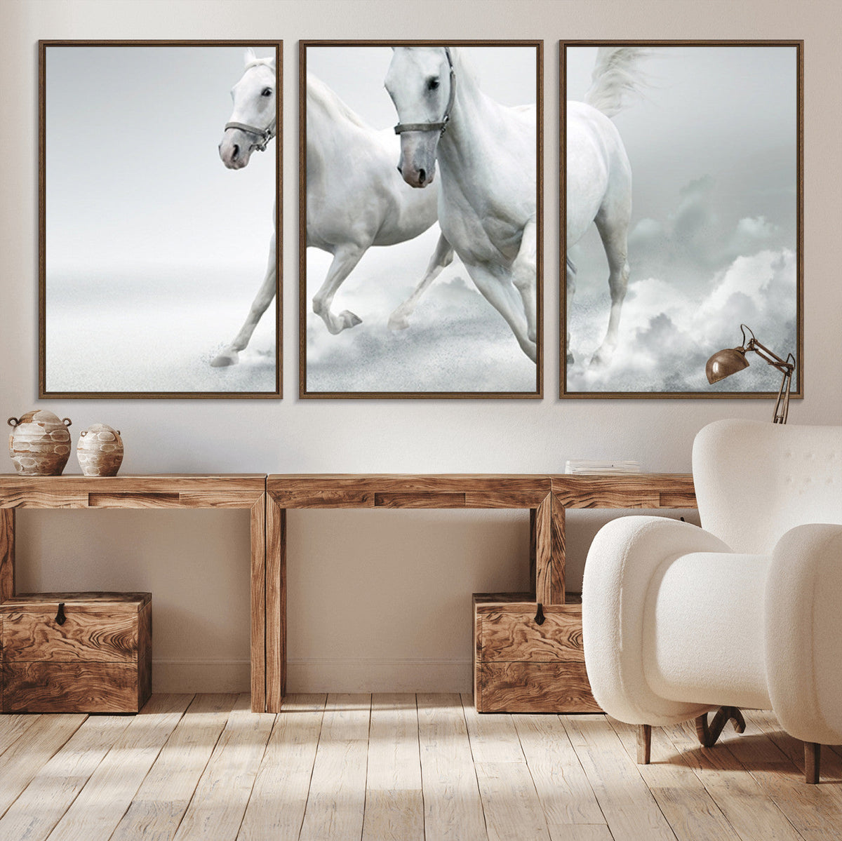 Large Wall Art Canvas Print, Beautiful Running White Horses