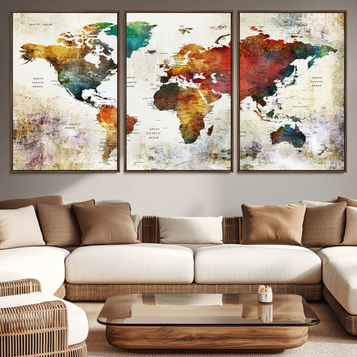Watercolor World Map Canvas Print | Framed Travel Map Wall Art for Couples