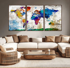 Navy Blue and Orange Watercolor World Map Canvas Print | Framed Travel Map
