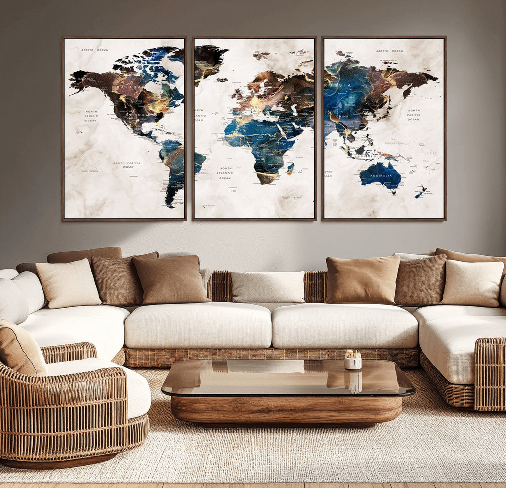 Abstract Earth Tone Blue World Map Canvas Print | Framed Travel Map Wall Art