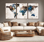 Abstract Earth Tone Blue World Map Canvas Print | Framed Travel Map Wall Art