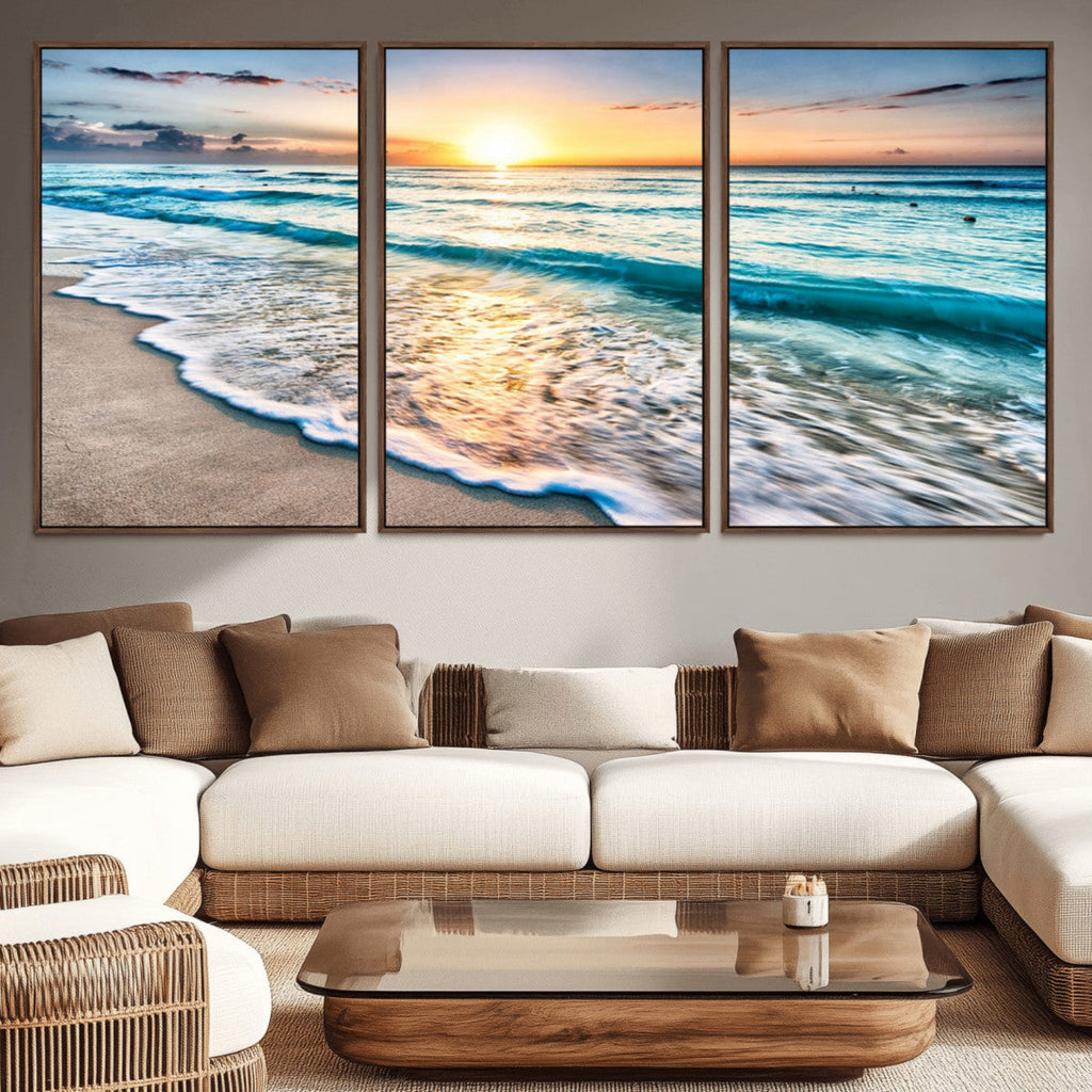 Sunset Beach Waves Canvas Wall Art | Ocean Sunset Coastal Print