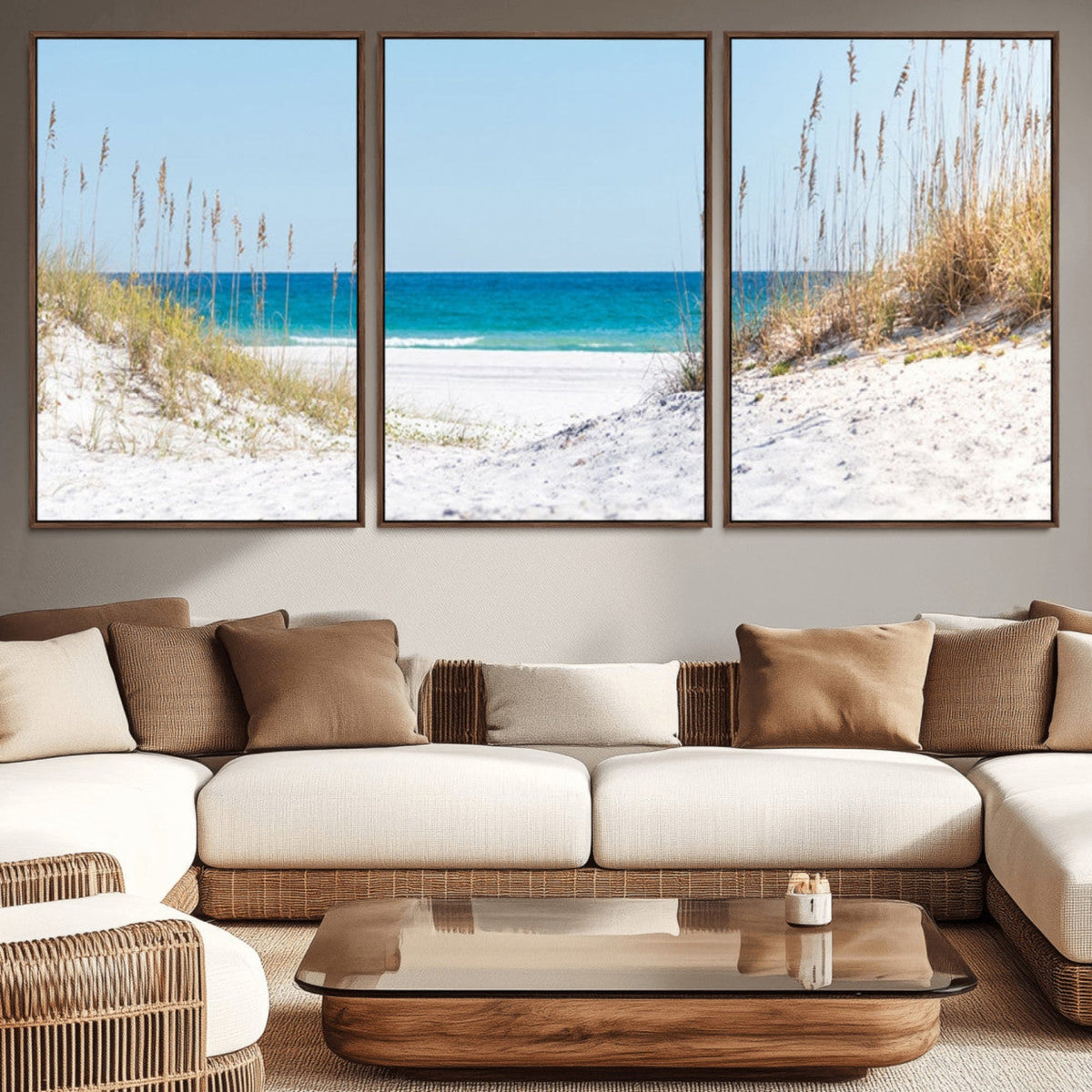Serene Coastal Dune Path with Ocean View, 3-Panel Beach Canvas Wall Art