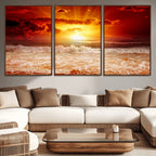 Red Sunset Ocean Beach Canvas Wall Art, Coastal Sunset Print