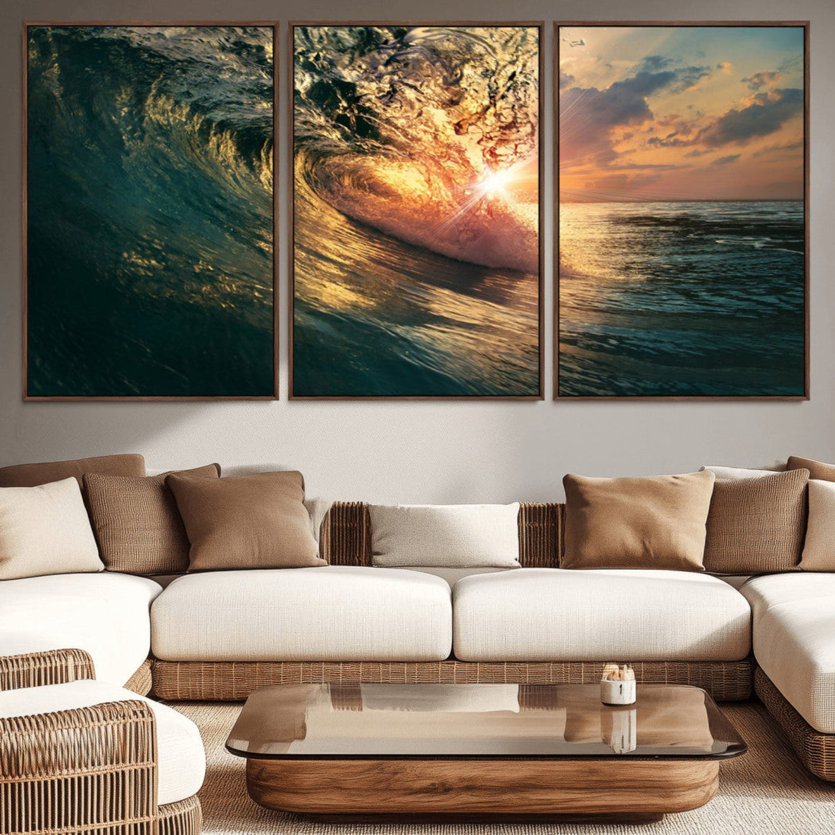 Ocean Wave Sunset Canvas Wall Art | Triptych Seascape Print
