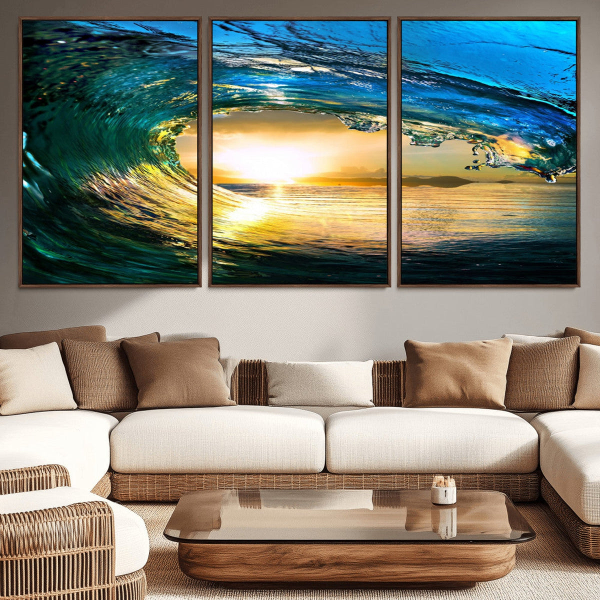 Ocean Wave at Sunset Canvas Art, Large Wall Print of Vibrant Surfing Wave