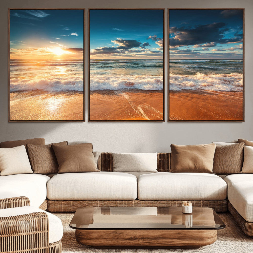 Golden Sunset Beach Triptych Canvas Art, Giclee Coastal Wall Decor, Ocean Waves Print