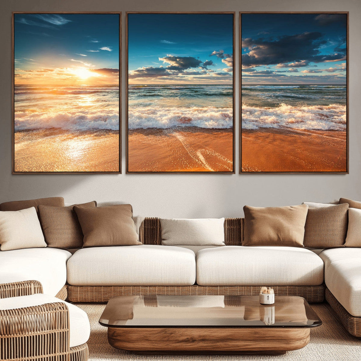 Golden Sunset Beach Triptych Canvas Art, Giclee Coastal Wall Decor, Ocean Waves Print
