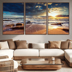Golden Hour Beach Sunset Canvas Triptych, Ocean Waves and Rocks Wall Art