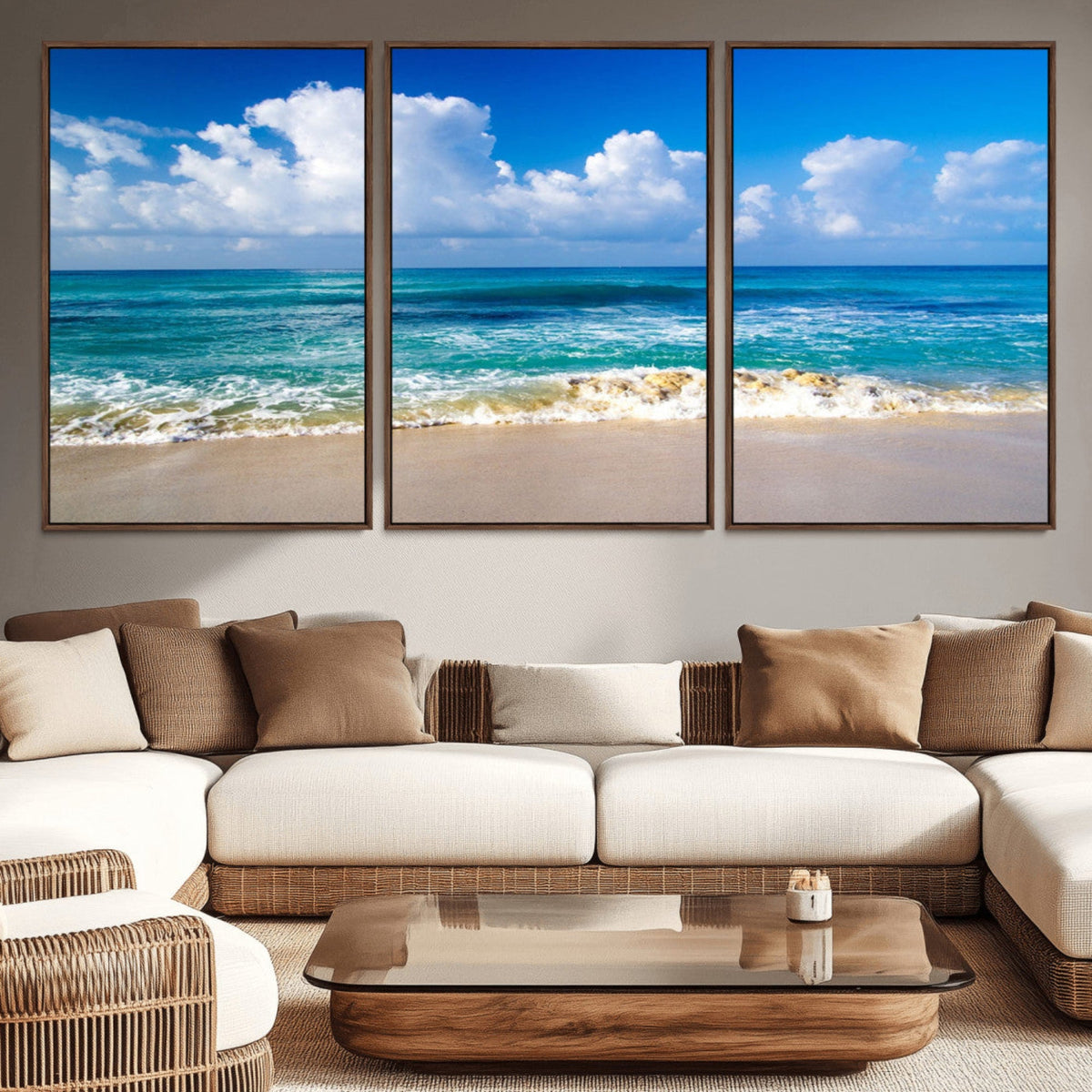 Tropical Beach 3-Panel Canvas Wall Art | Serene Ocean Waves and Blue Sky Print