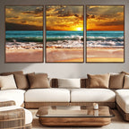 Golden Sunset Beach Canvas Wall Art | Triptych Seascape Print, Framed and Ready to Hang