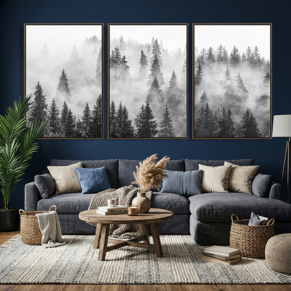 Forest Wall Art Print | Foggy Pine Forest Canvas Wall Art, Black and White Nature Decor