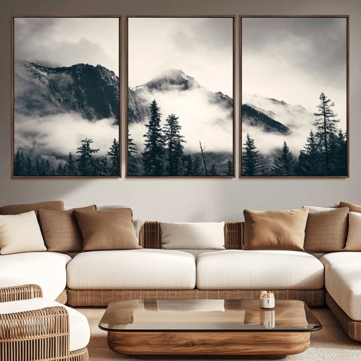 Forest Mountain Print | Black and White Canvas Wall Art with Misty Forest Design