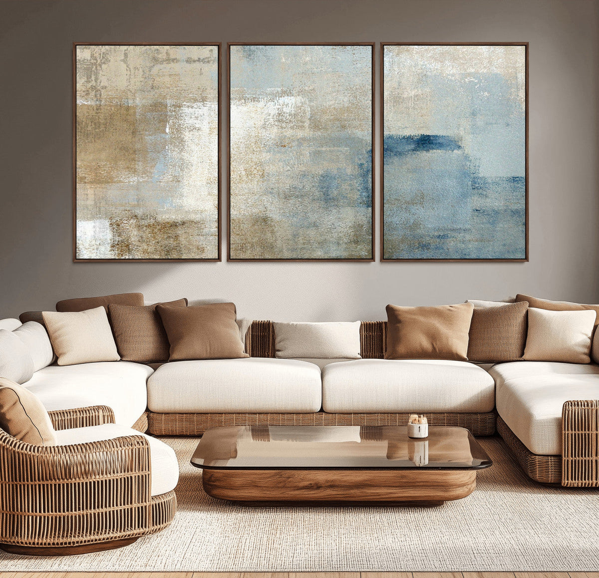 Abstract Blue and Beige Wall Art, Modern Minimalist Canvas Print Set