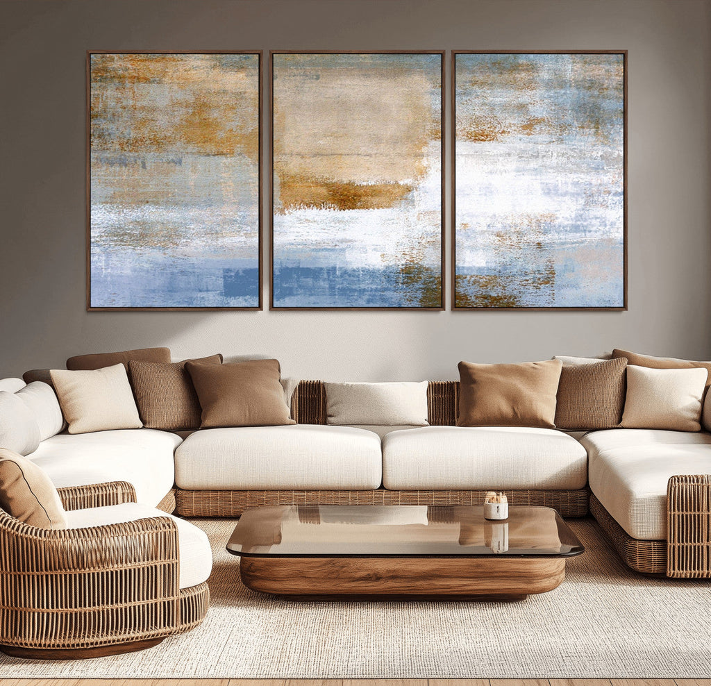 Blue Multi Panel Abstract Wall Art Canvas, Abstract Blue and Gold Canvas Print
