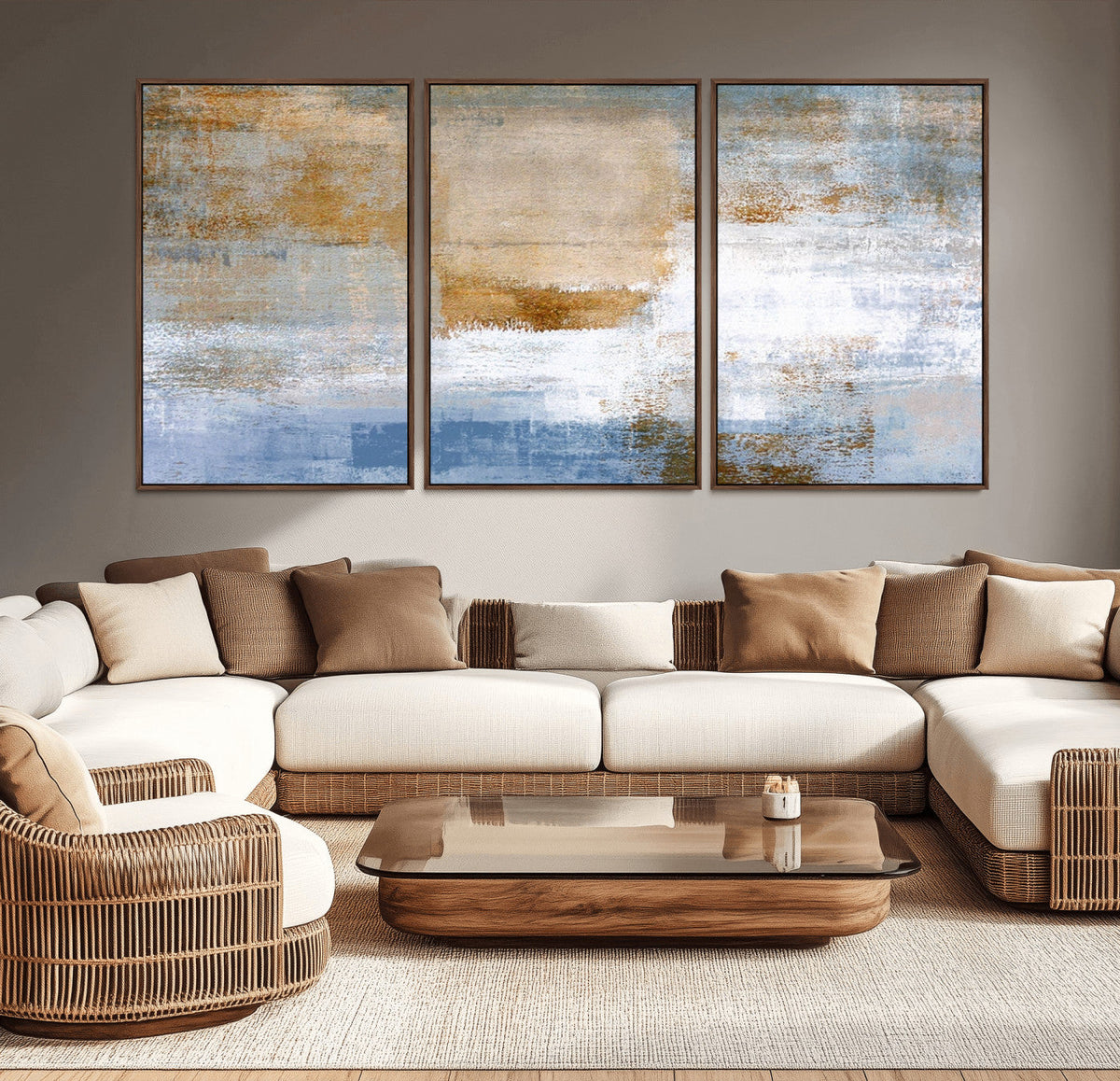 Blue Multi Panel Abstract Wall Art Canvas, Abstract Blue and Gold Canvas Print