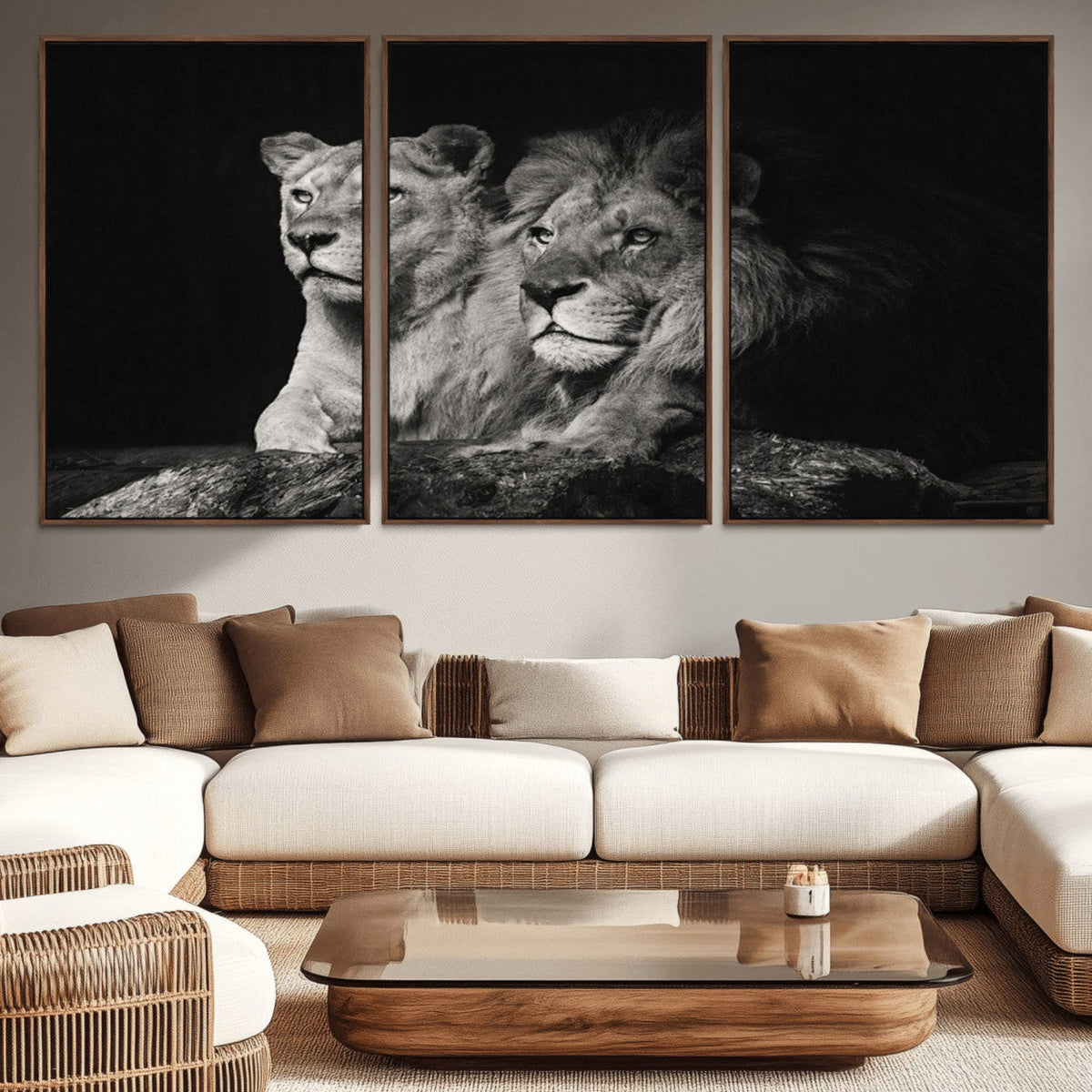 Lion Couple Wall Art Canvas Print, Elegant Black and White Wildlife Portrait