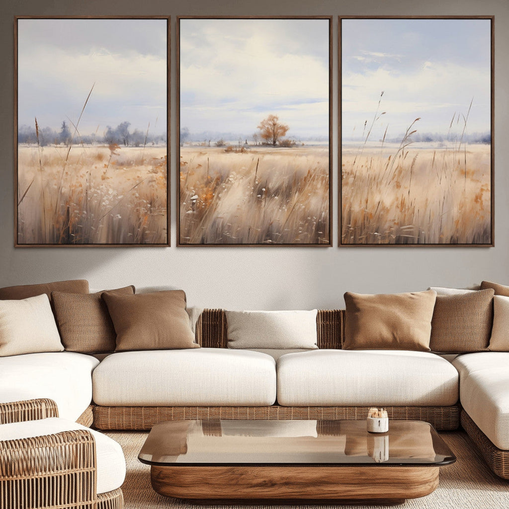 Golden Fields Wall Art Print Canvas | Serene Minimalist Landscape for Farmhouse Decor