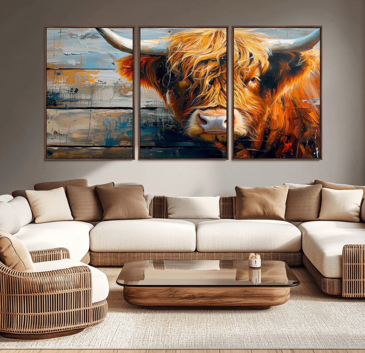 Highland Cow Abstract Canvas Wall Art, Bold Farmhouse Decor