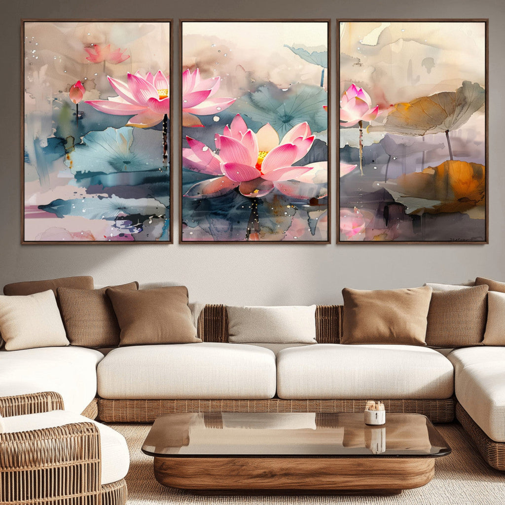 Lotus Flower Wall Art | 3 Panel Giclee Canvas Print of Pink Lotus Blossoms