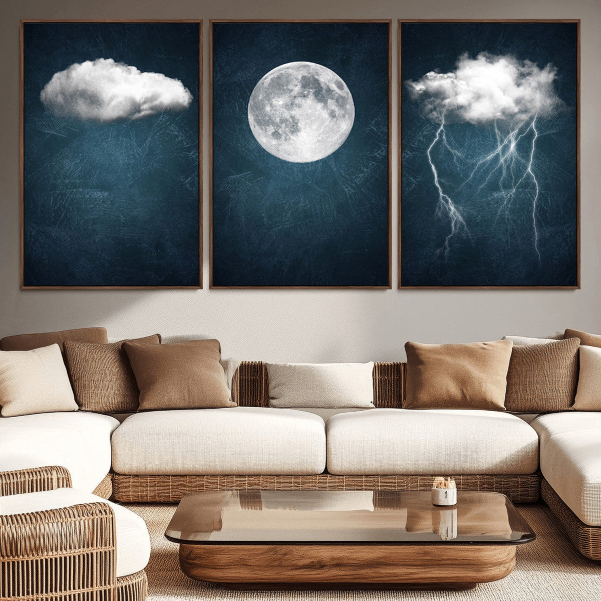 3 Piece Indigo Cloud Wall Art, Thunderstorm Moon Cloud Artwork