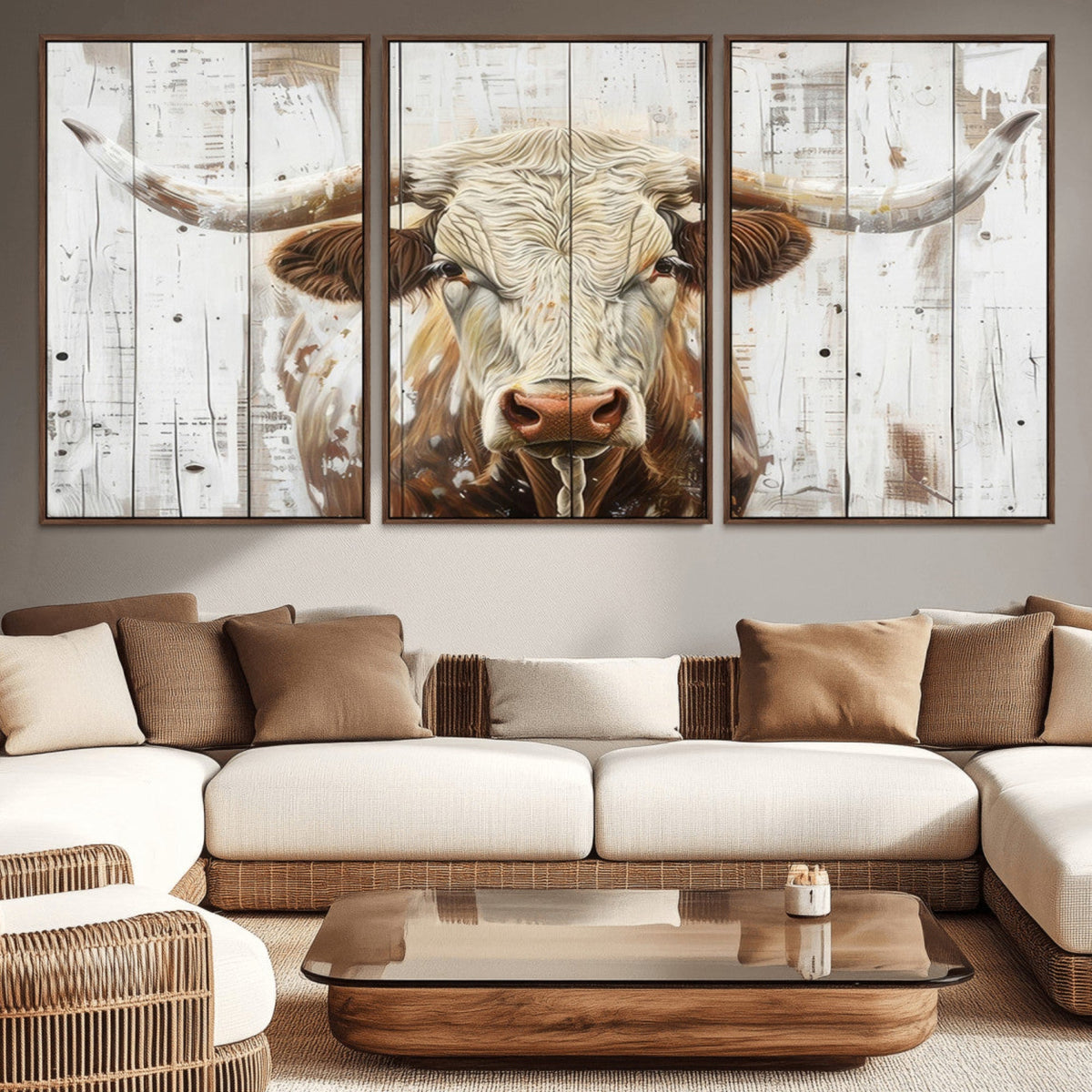 Rustic Longhorn Bull Wall Art Canvas Set