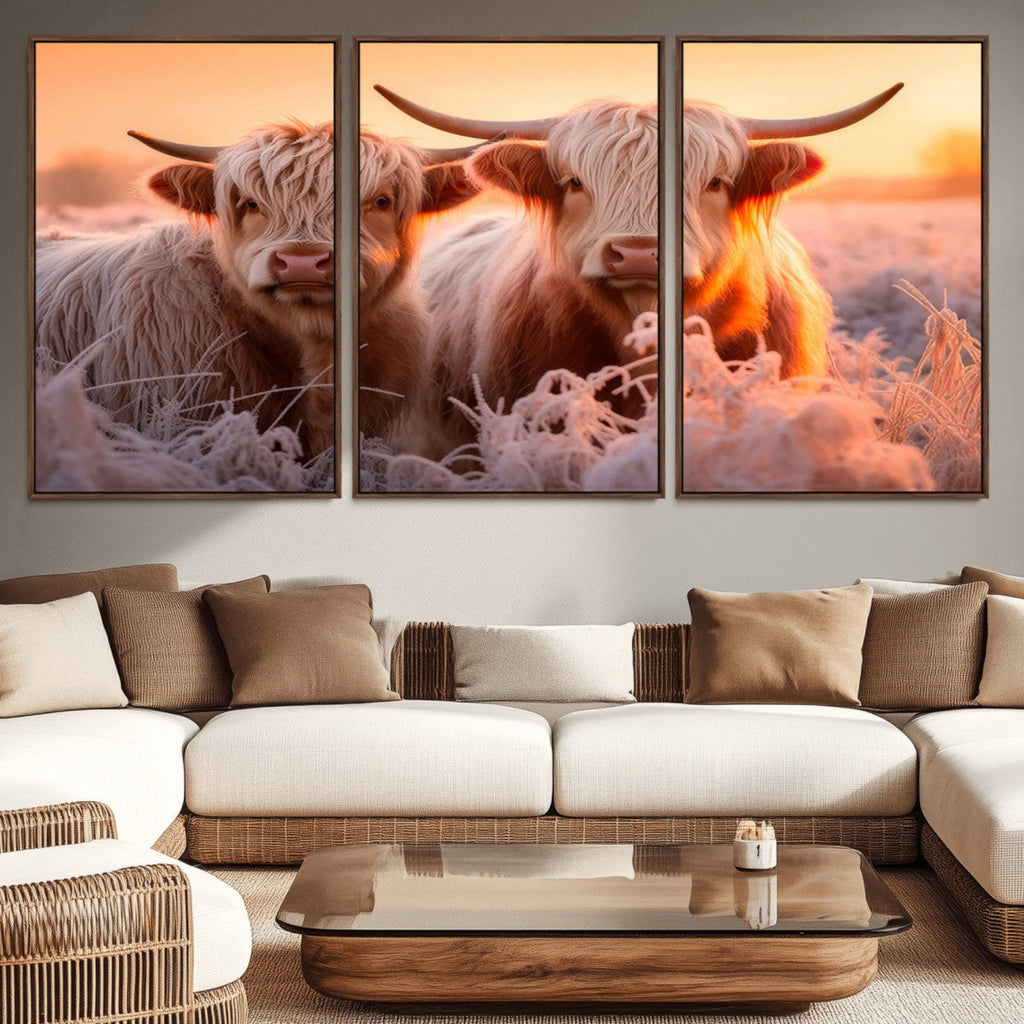 Highland Cows at Sunrise Wall Art Canvas Set