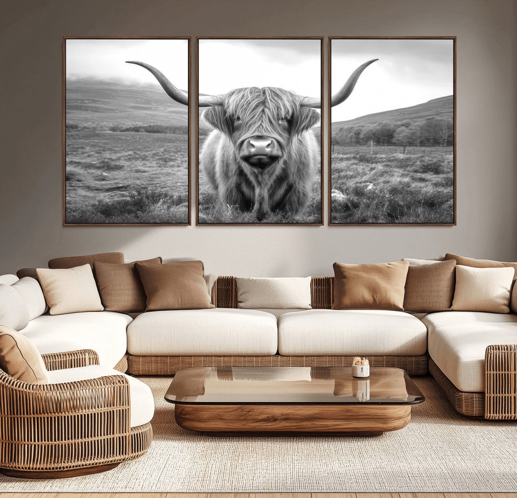Black White Scottish Highland Cow Canvas Farm Wall Art