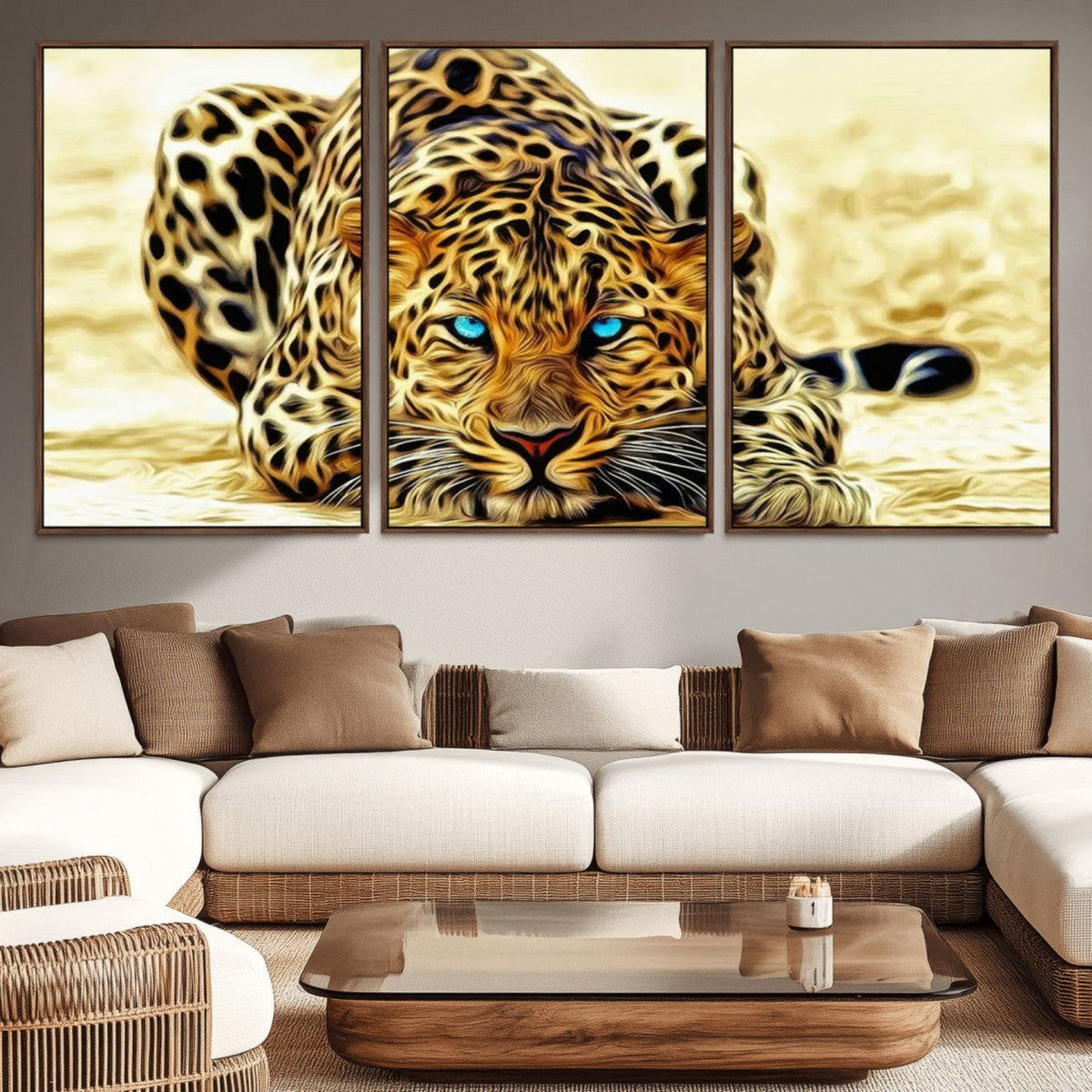 Blue-Eyed Leopard Canvas Wall Art, Framed Animal Print, Fierce and Bold Decor for Living Rooms
