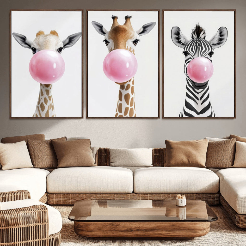 Bubblegum Animals Canvas Wall Art, Playful Giraffe and Zebra Trio, Whimsical Nursery and Kids Room Decor