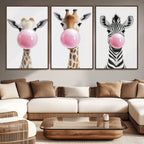 Bubblegum Animals Canvas Wall Art, Playful Giraffe and Zebra Trio, Whimsical Nursery and Kids Room Decor