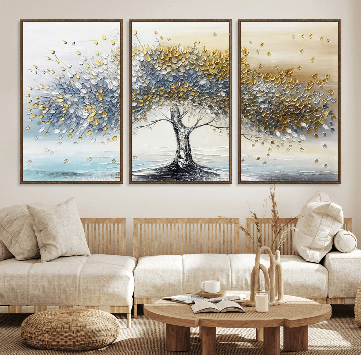 Golden and Silver Tree Wall Art | Framed Elegant Leaves Canvas